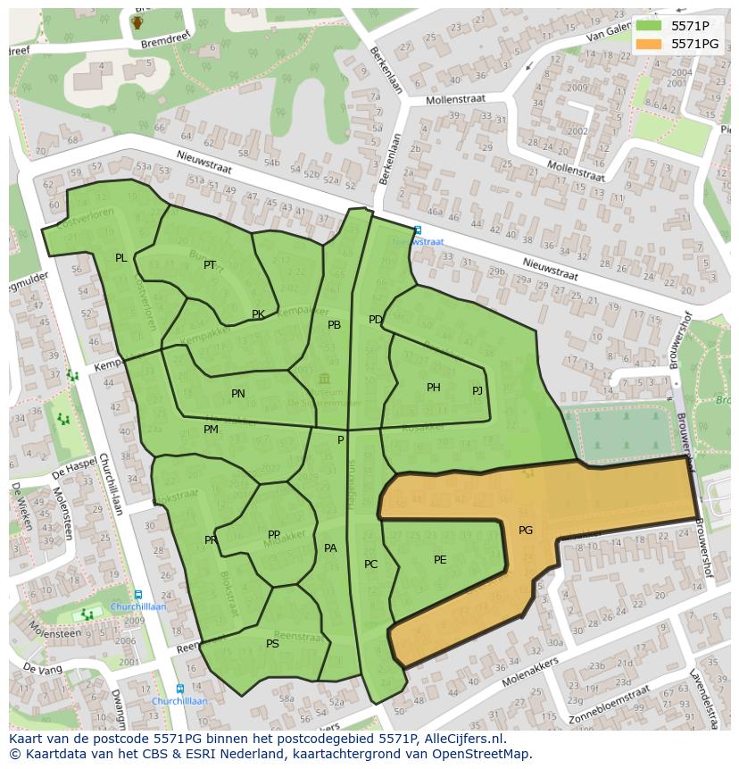 Afbeelding van het postcodegebied 5571 PG op de kaart.
