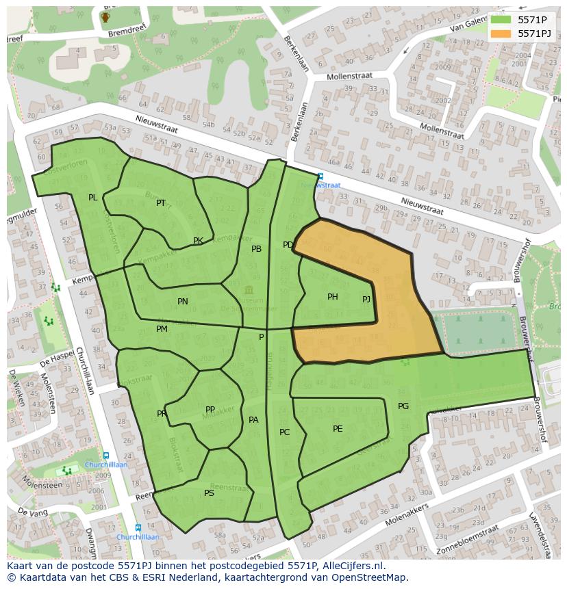 Afbeelding van het postcodegebied 5571 PJ op de kaart.