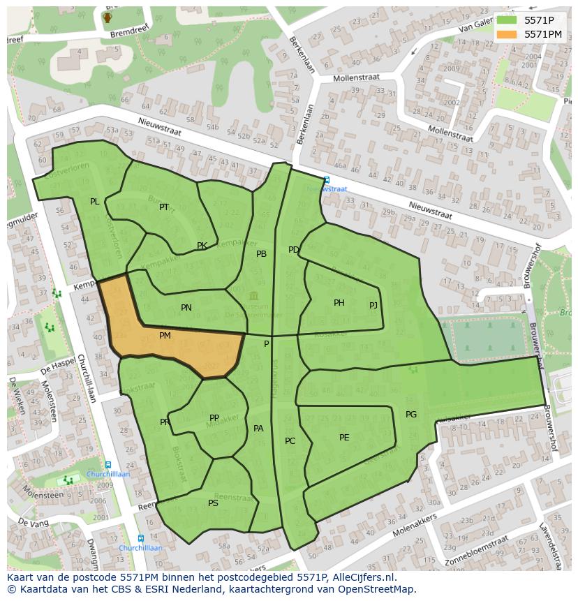 Afbeelding van het postcodegebied 5571 PM op de kaart.