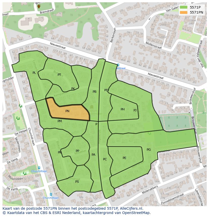 Afbeelding van het postcodegebied 5571 PN op de kaart.
