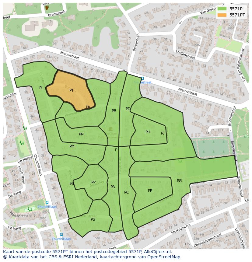 Afbeelding van het postcodegebied 5571 PT op de kaart.