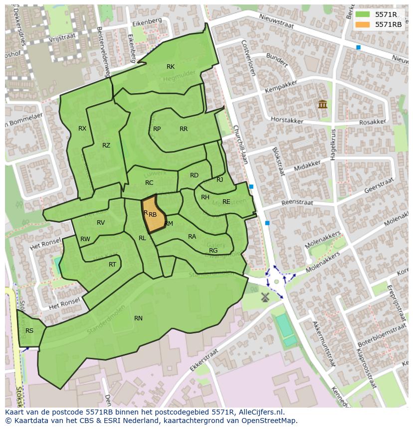 Afbeelding van het postcodegebied 5571 RB op de kaart.