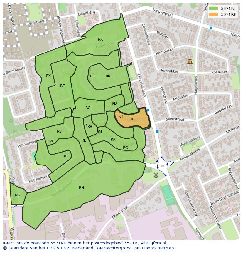 Afbeelding van het postcodegebied 5571 RE op de kaart.