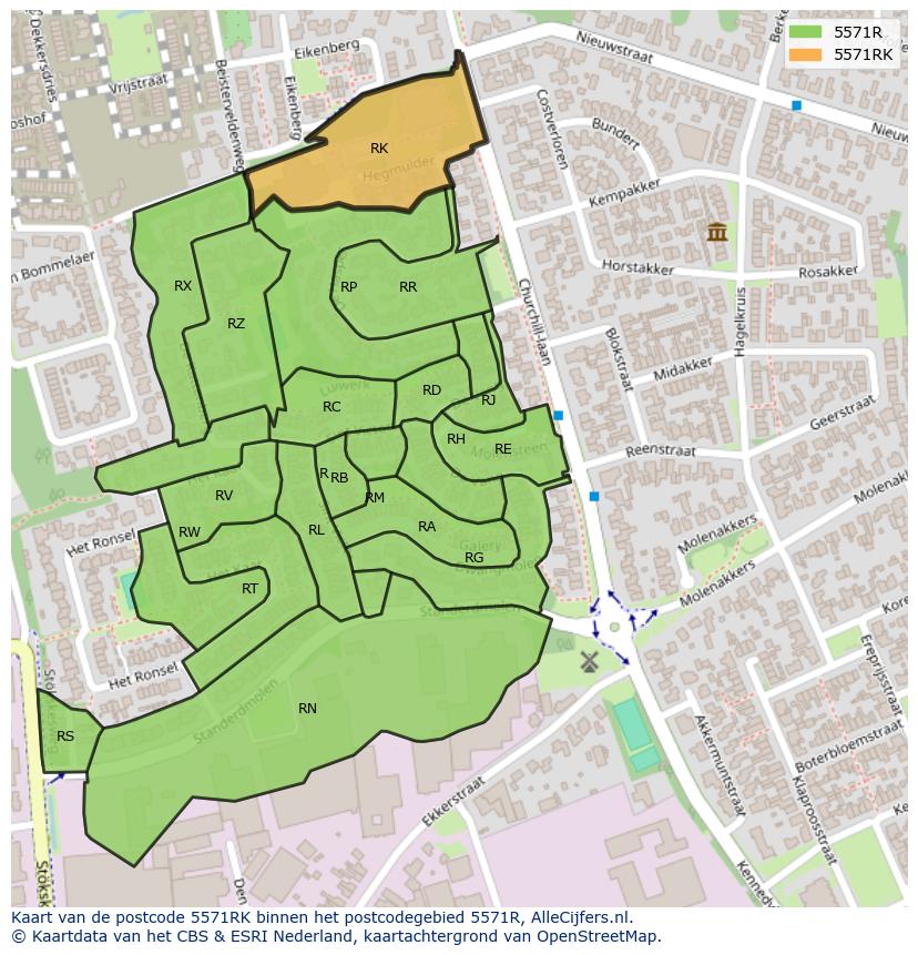 Afbeelding van het postcodegebied 5571 RK op de kaart.