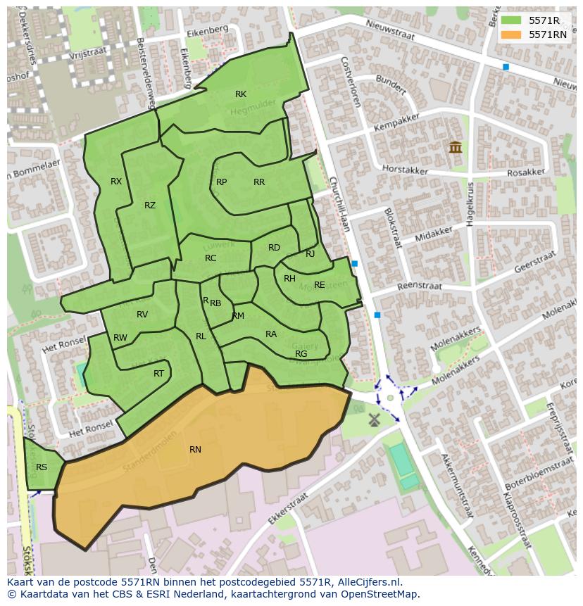 Afbeelding van het postcodegebied 5571 RN op de kaart.