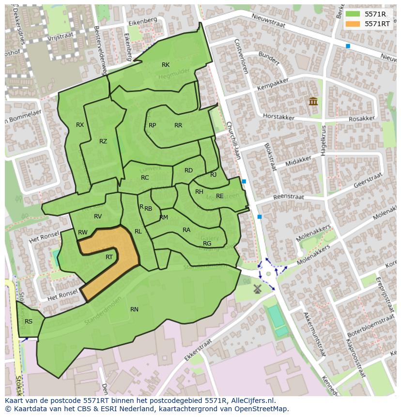 Afbeelding van het postcodegebied 5571 RT op de kaart.