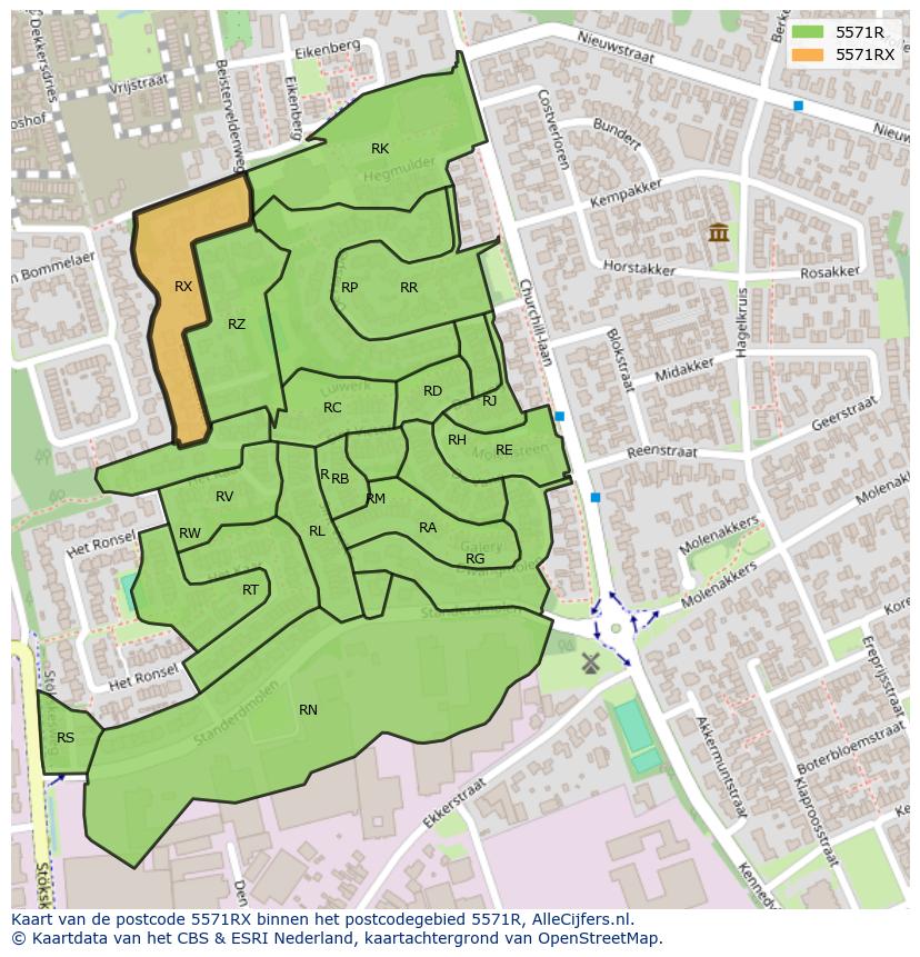 Afbeelding van het postcodegebied 5571 RX op de kaart.
