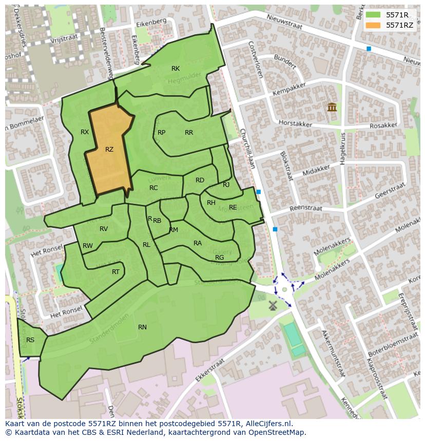 Afbeelding van het postcodegebied 5571 RZ op de kaart.