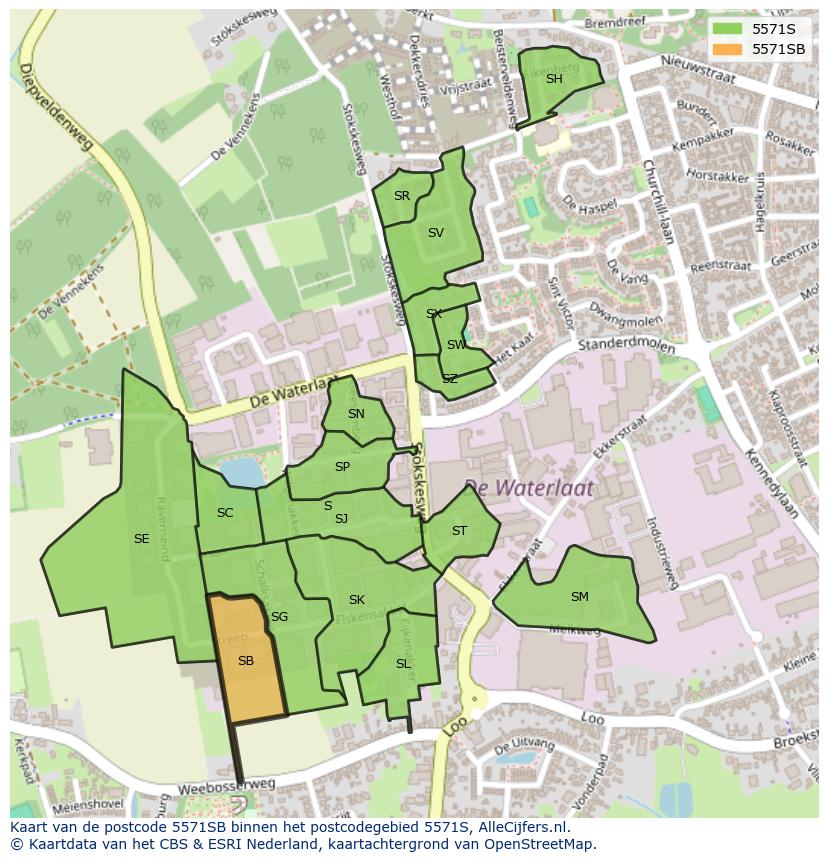 Afbeelding van het postcodegebied 5571 SB op de kaart.