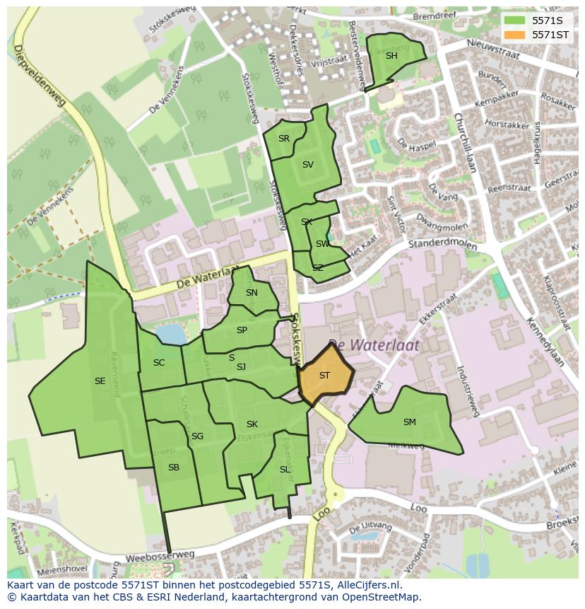 Afbeelding van het postcodegebied 5571 ST op de kaart.