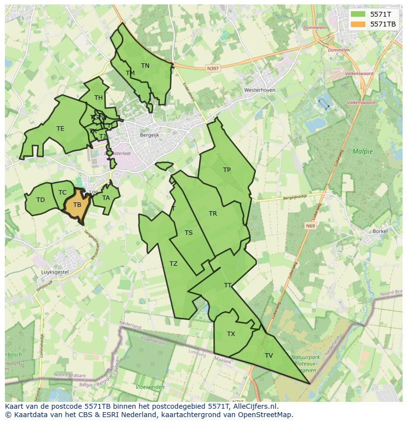 Afbeelding van het postcodegebied 5571 TB op de kaart.
