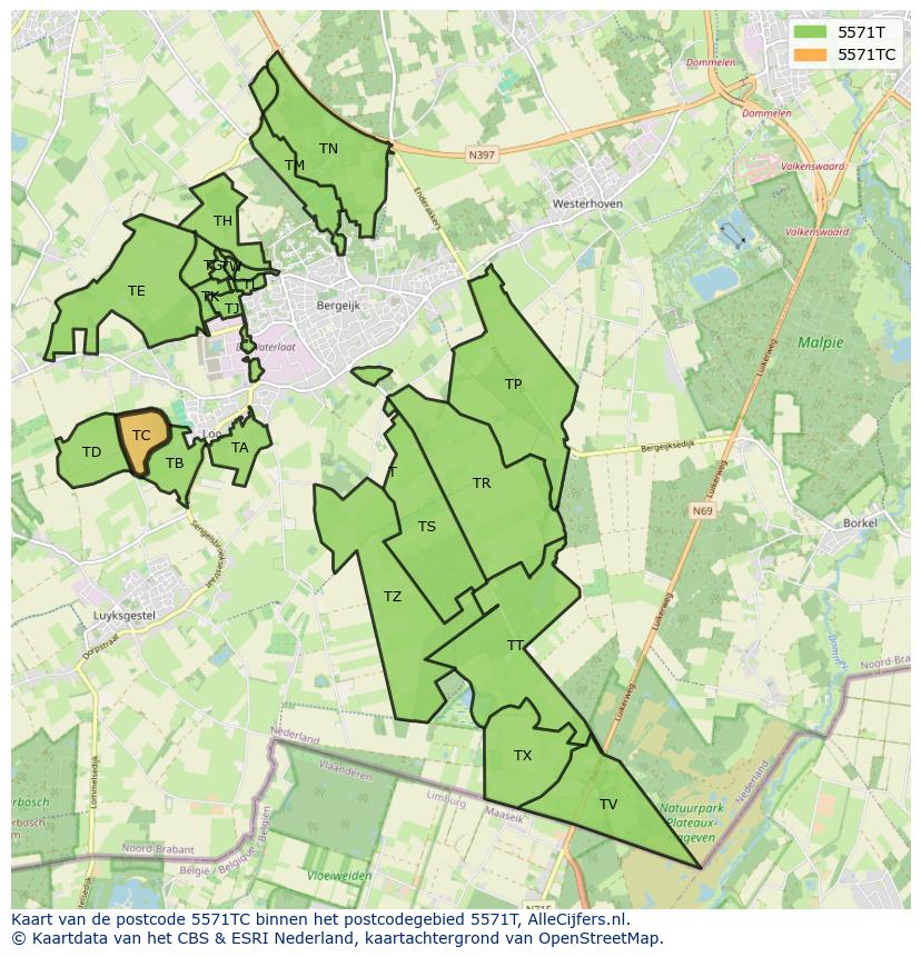 Afbeelding van het postcodegebied 5571 TC op de kaart.