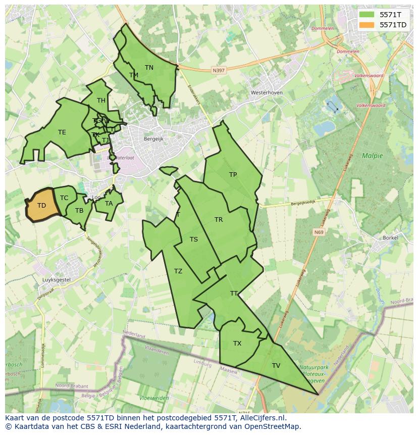 Afbeelding van het postcodegebied 5571 TD op de kaart.