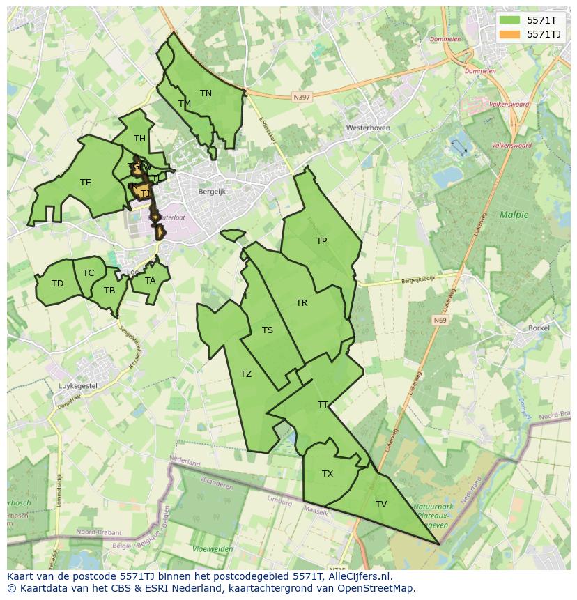 Afbeelding van het postcodegebied 5571 TJ op de kaart.
