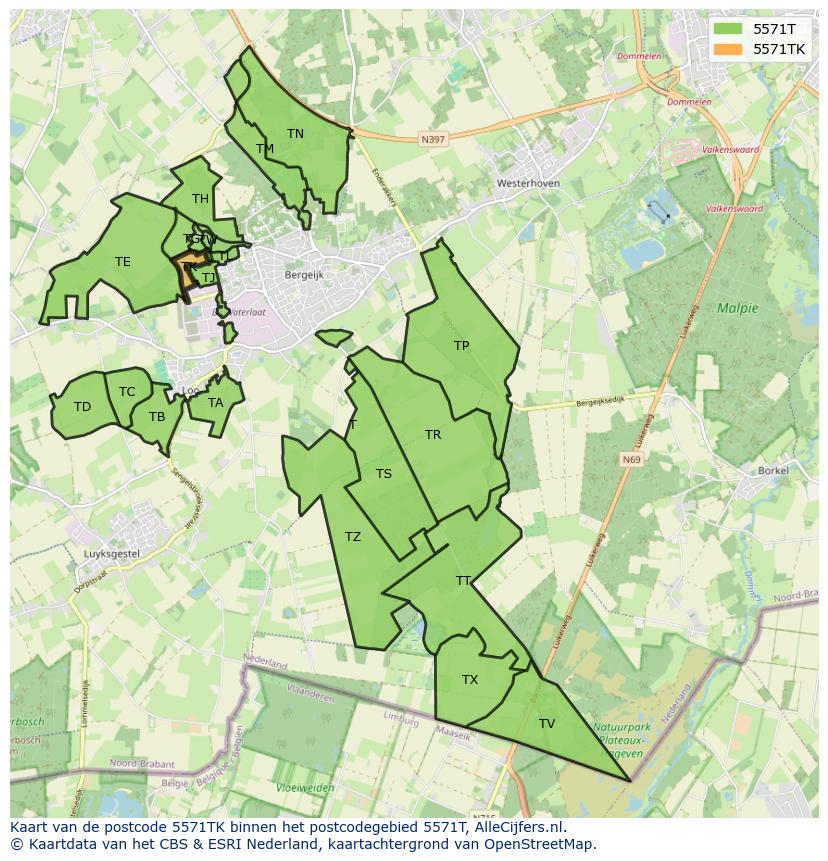 Afbeelding van het postcodegebied 5571 TK op de kaart.