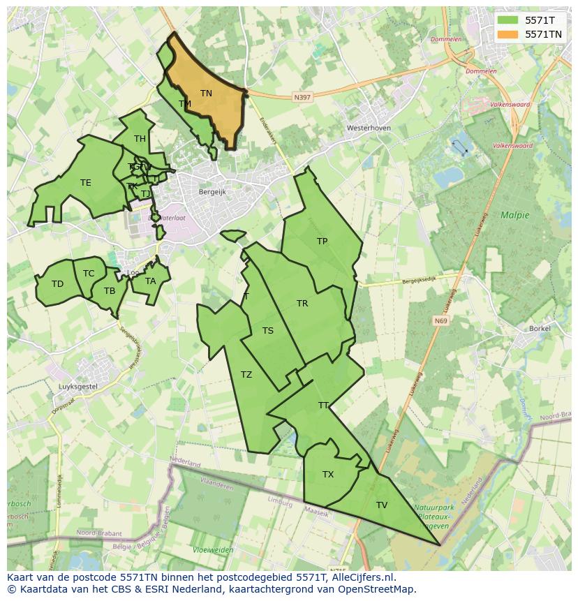 Afbeelding van het postcodegebied 5571 TN op de kaart.