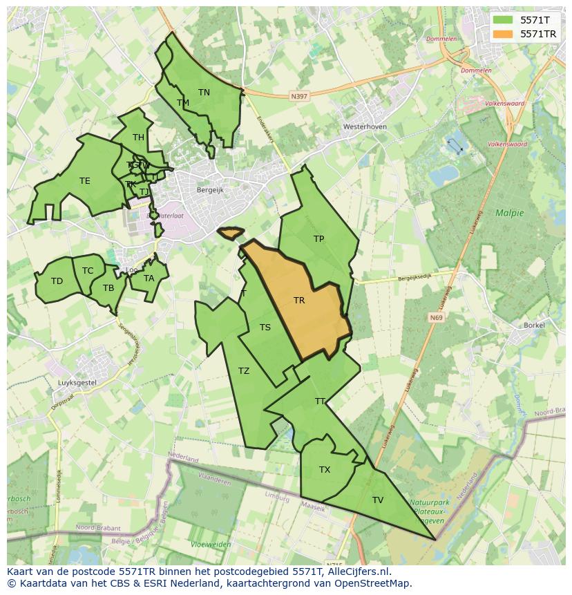 Afbeelding van het postcodegebied 5571 TR op de kaart.