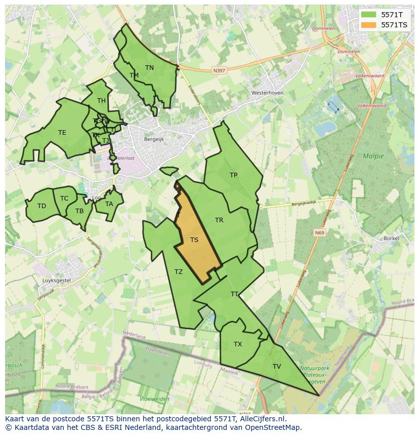 Afbeelding van het postcodegebied 5571 TS op de kaart.