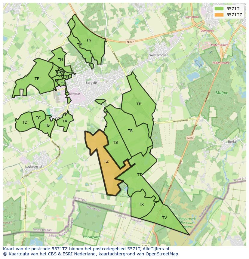 Afbeelding van het postcodegebied 5571 TZ op de kaart.