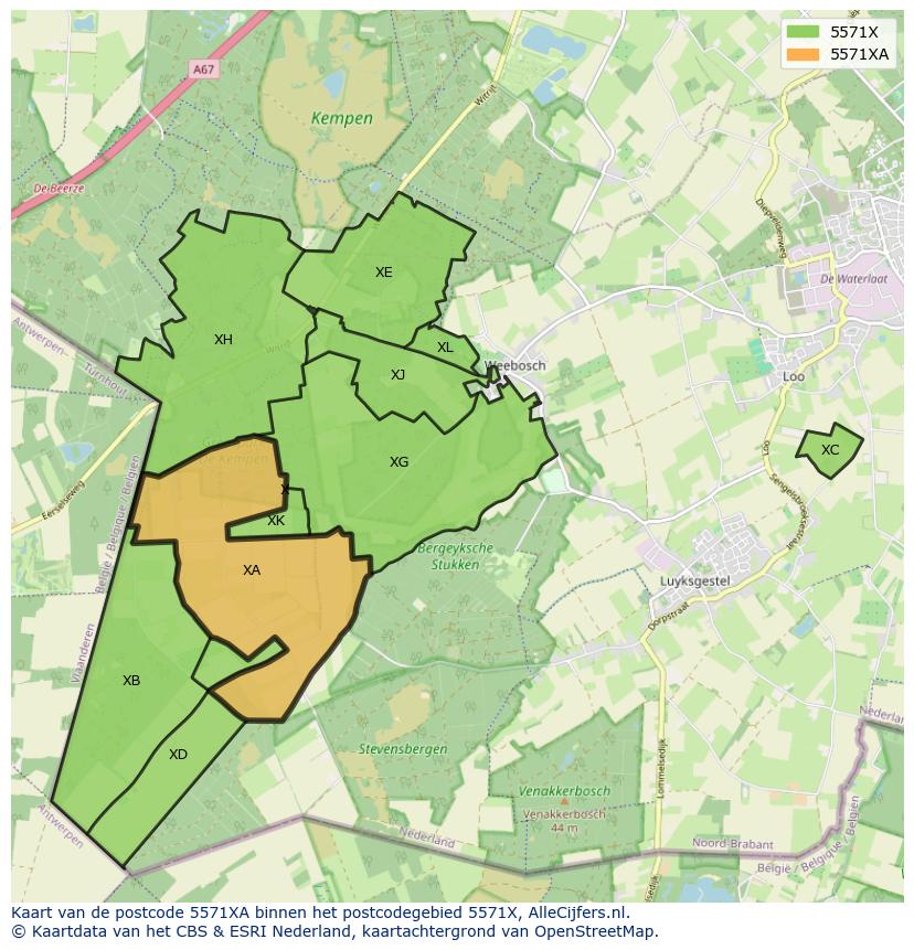 Afbeelding van het postcodegebied 5571 XA op de kaart.