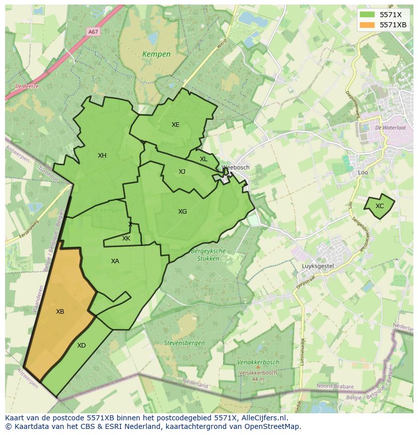 Afbeelding van het postcodegebied 5571 XB op de kaart.
