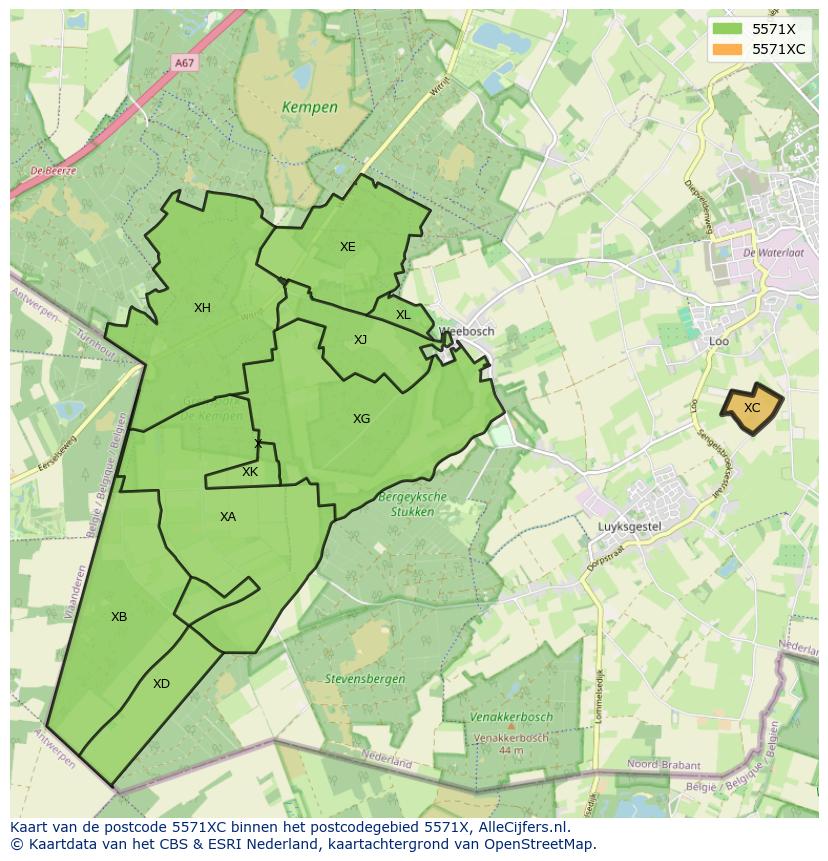 Afbeelding van het postcodegebied 5571 XC op de kaart.