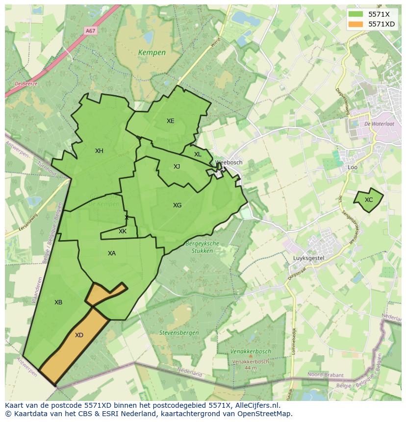 Afbeelding van het postcodegebied 5571 XD op de kaart.