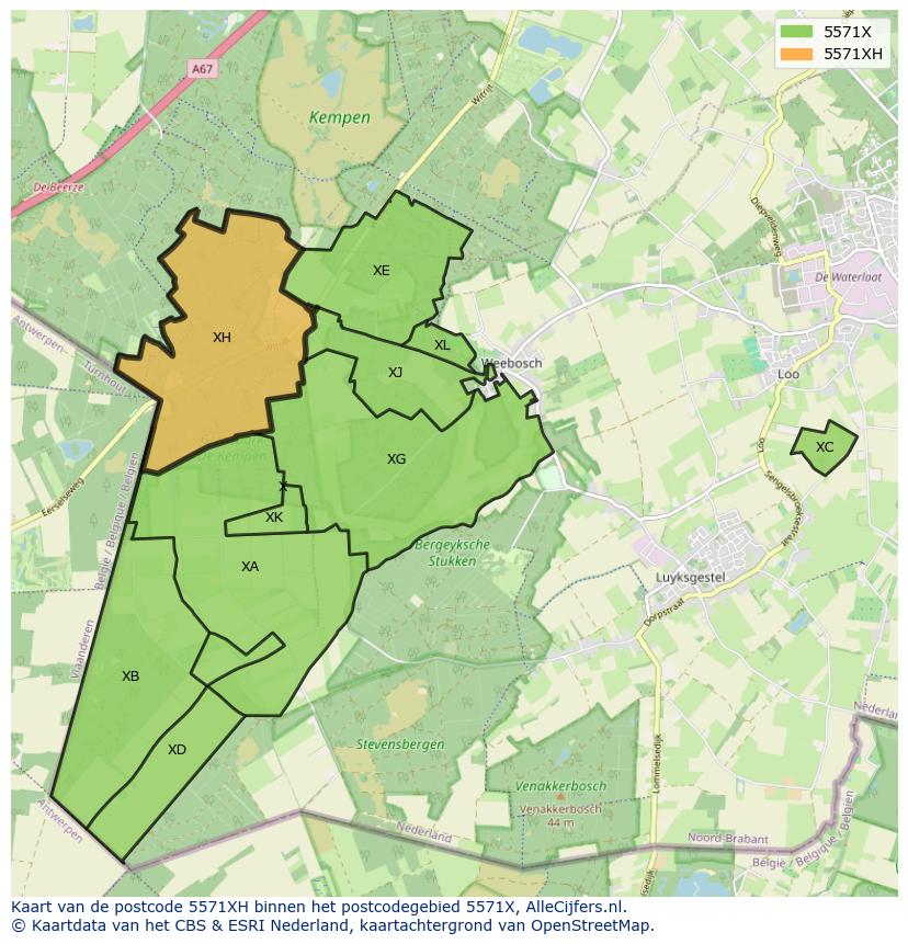 Afbeelding van het postcodegebied 5571 XH op de kaart.