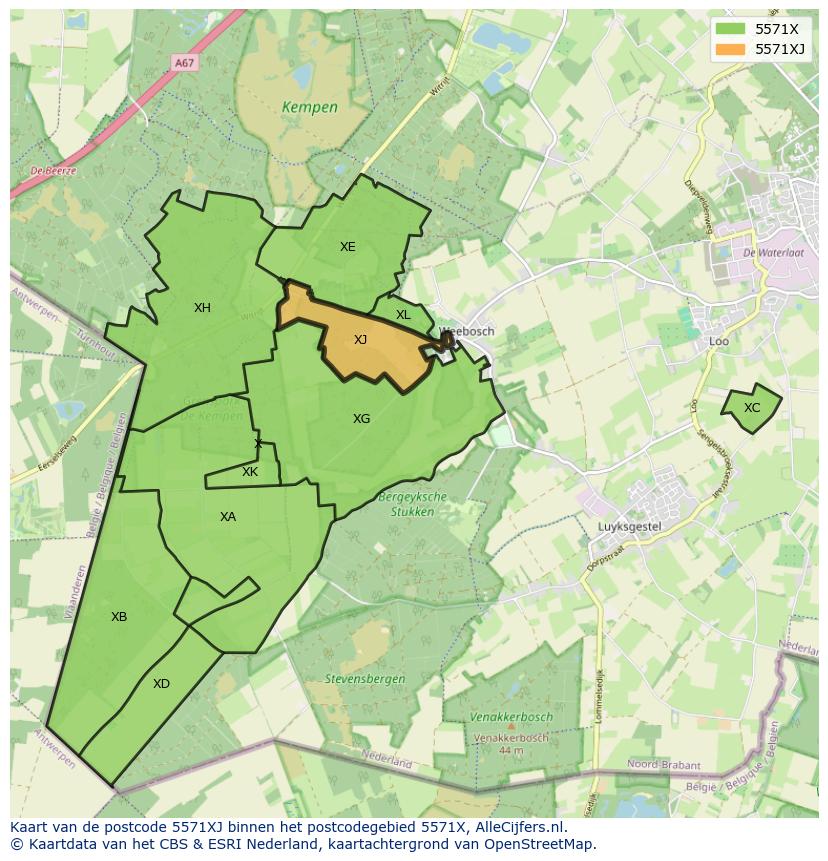 Afbeelding van het postcodegebied 5571 XJ op de kaart.