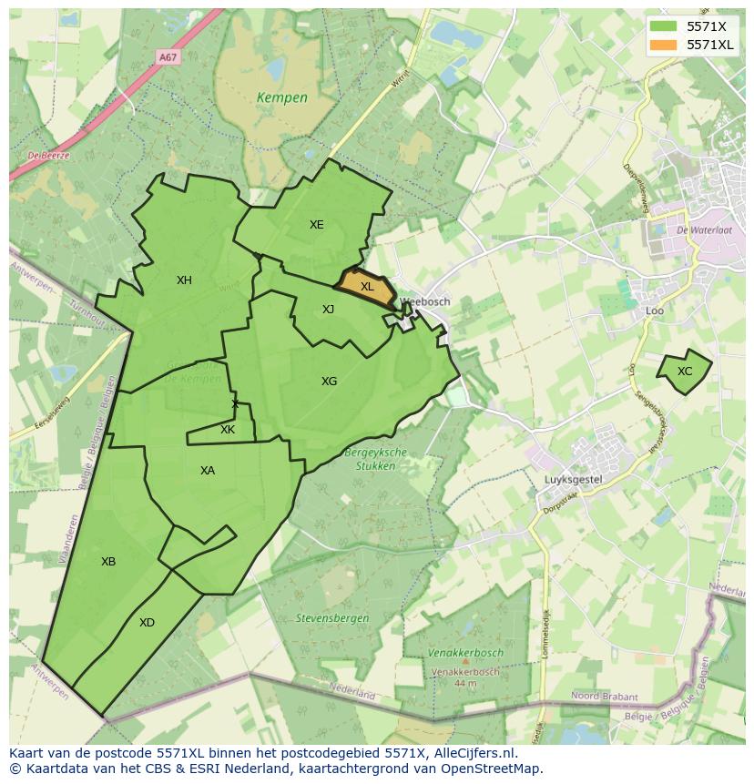 Afbeelding van het postcodegebied 5571 XL op de kaart.