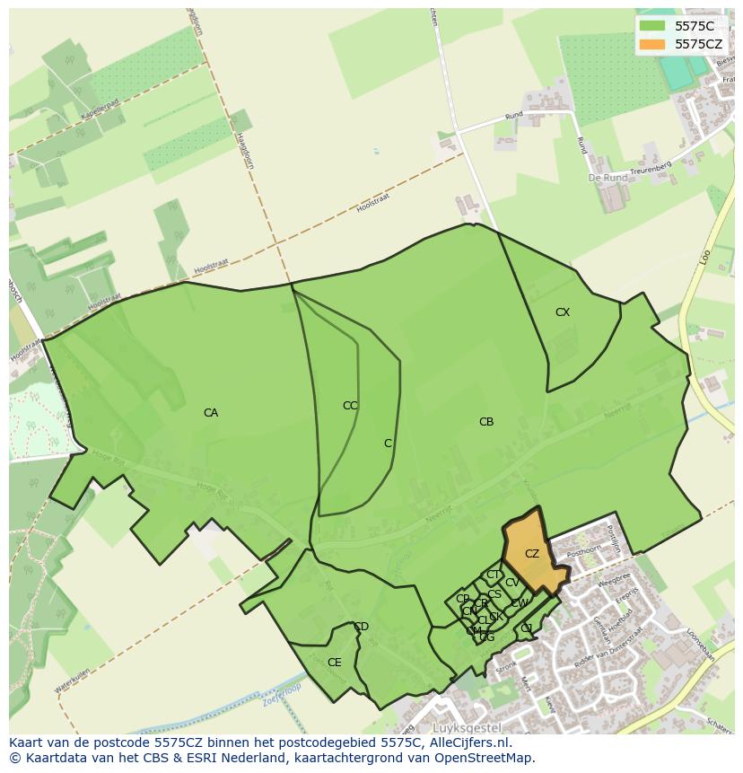 Afbeelding van het postcodegebied 5575 CZ op de kaart.