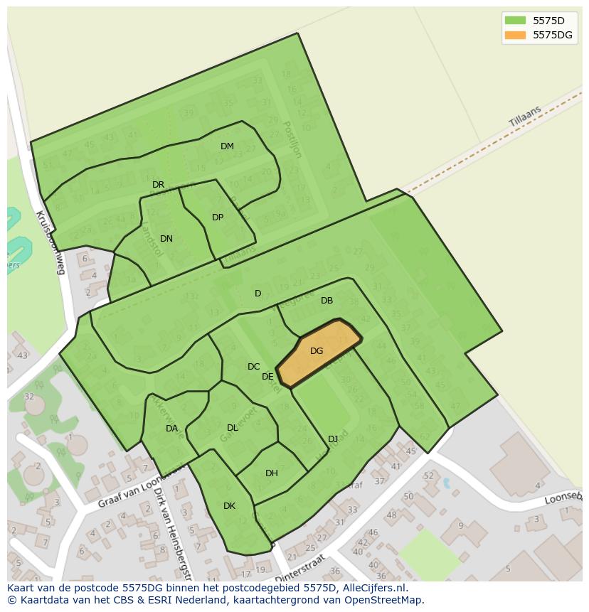 Afbeelding van het postcodegebied 5575 DG op de kaart.