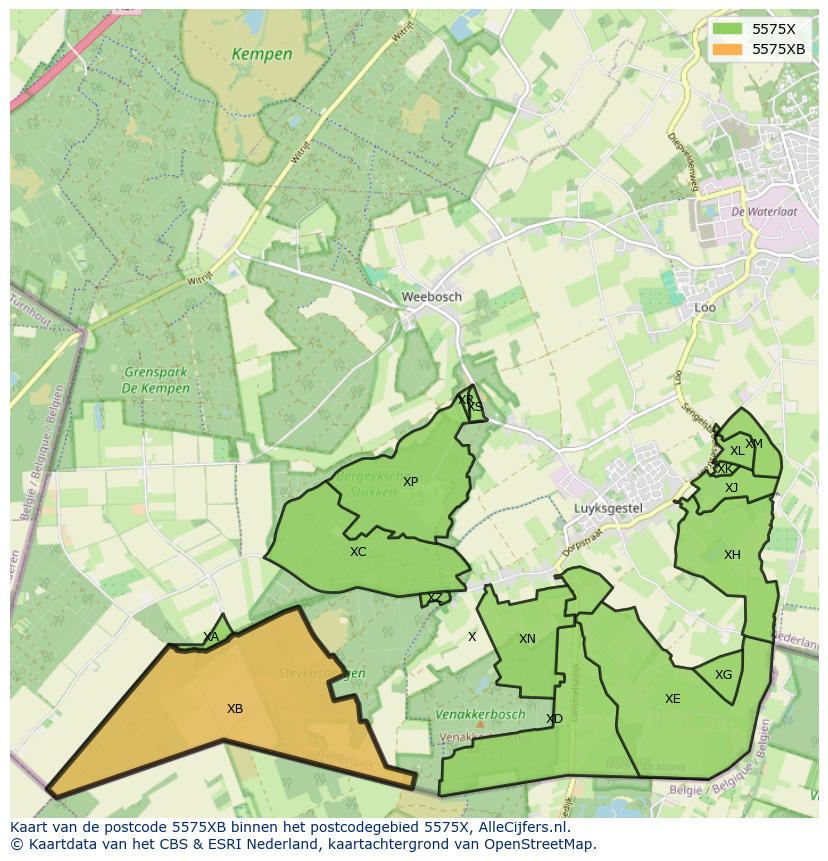 Afbeelding van het postcodegebied 5575 XB op de kaart.
