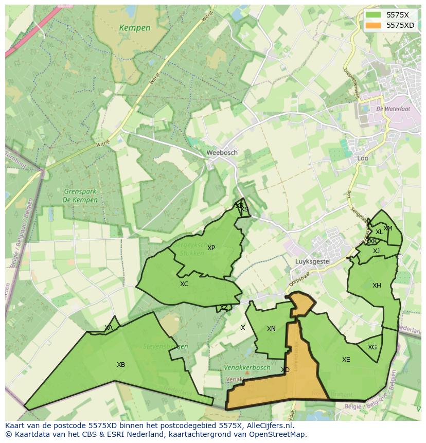 Afbeelding van het postcodegebied 5575 XD op de kaart.