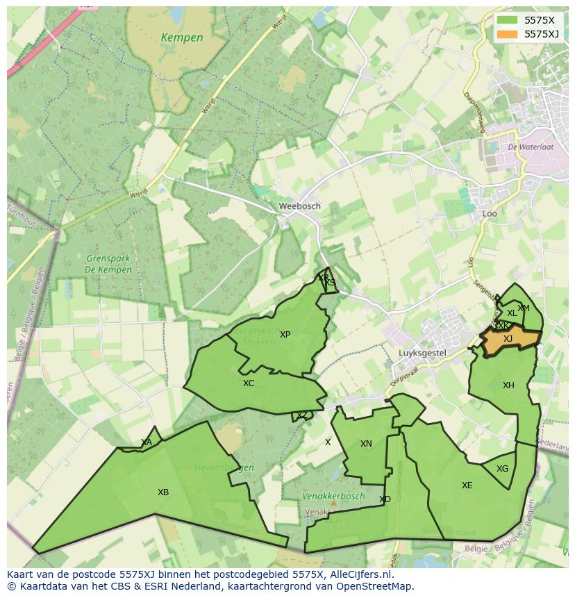 Afbeelding van het postcodegebied 5575 XJ op de kaart.