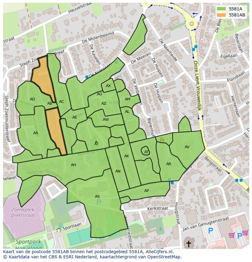 Afbeelding van het postcodegebied 5581 AB op de kaart.