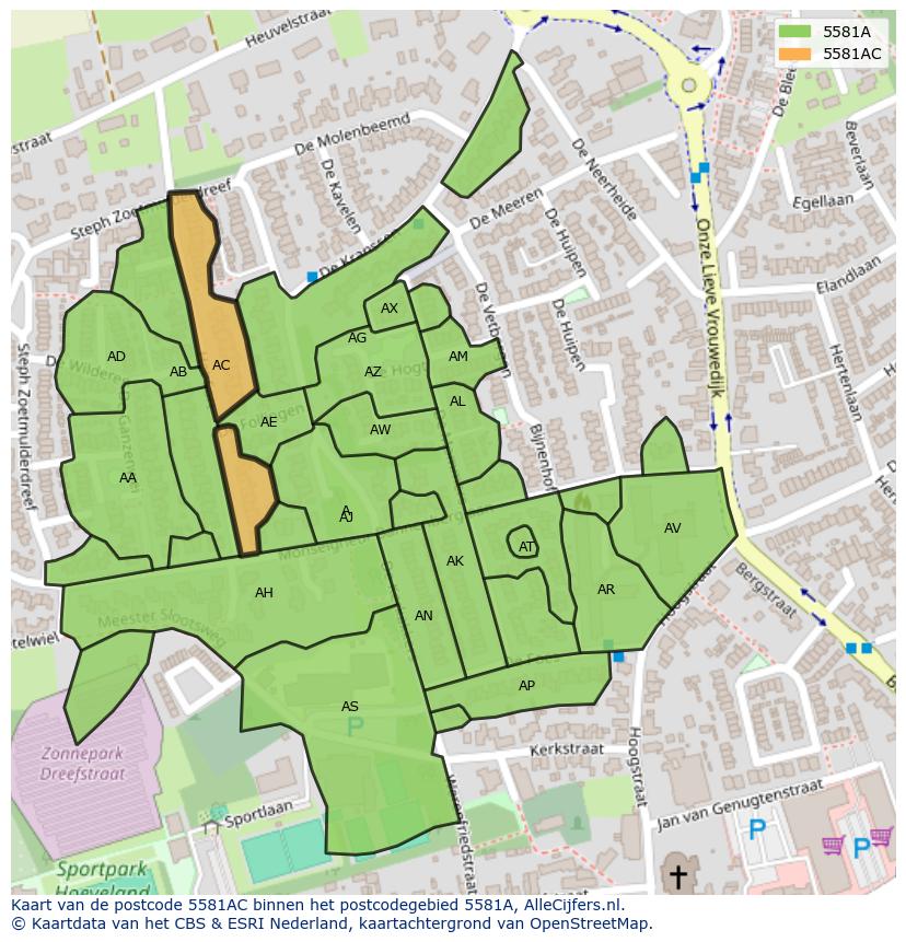 Afbeelding van het postcodegebied 5581 AC op de kaart.
