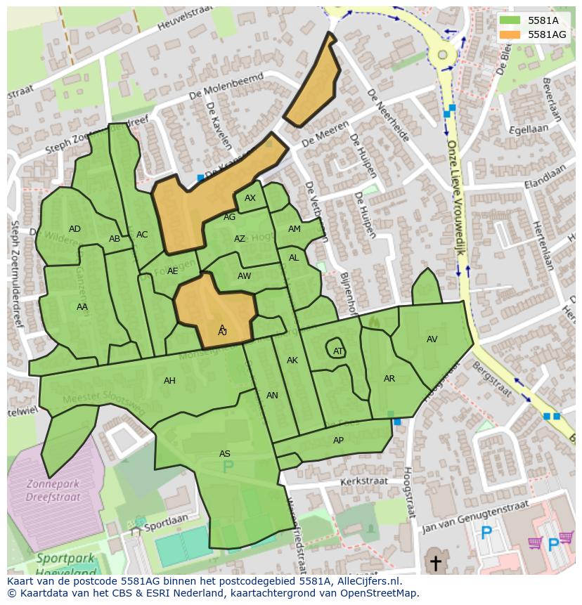 Afbeelding van het postcodegebied 5581 AG op de kaart.