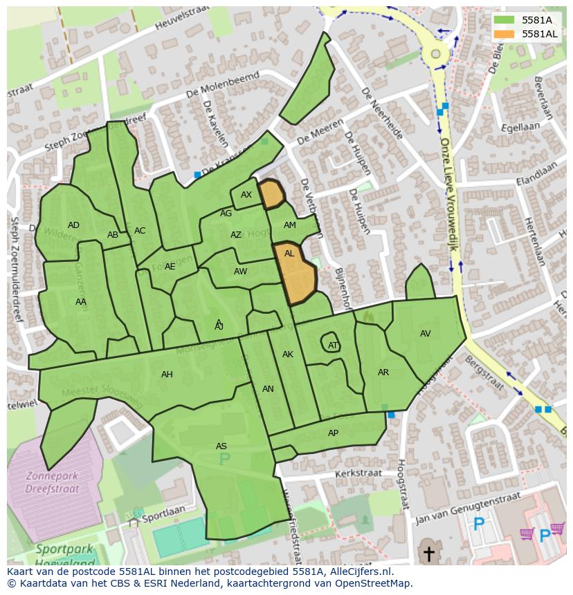 Afbeelding van het postcodegebied 5581 AL op de kaart.
