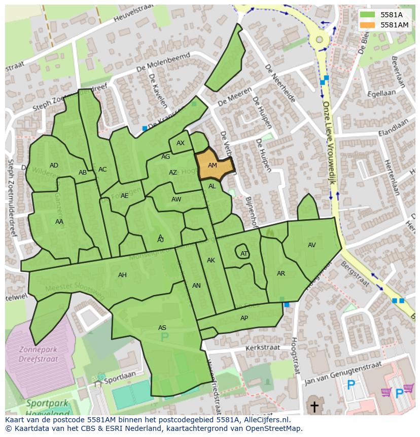 Afbeelding van het postcodegebied 5581 AM op de kaart.