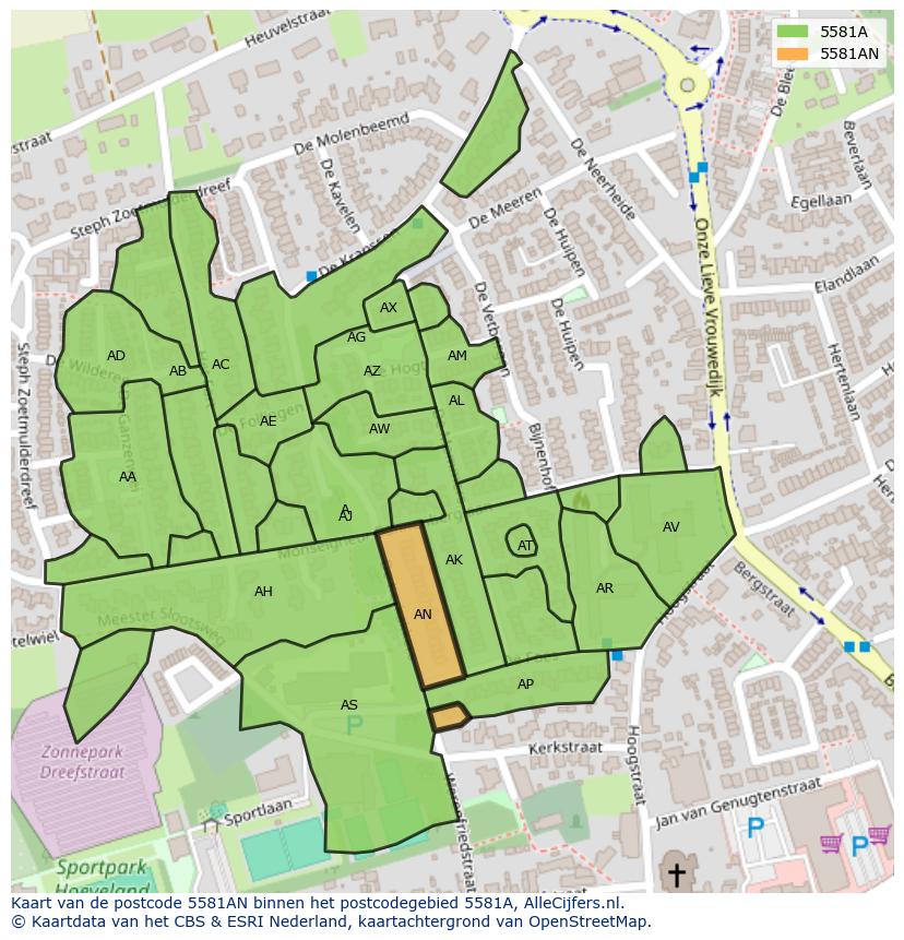 Afbeelding van het postcodegebied 5581 AN op de kaart.