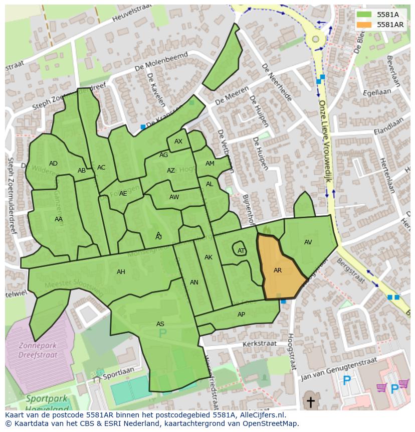 Afbeelding van het postcodegebied 5581 AR op de kaart.