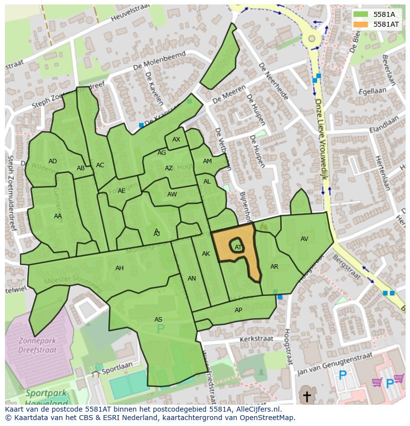 Afbeelding van het postcodegebied 5581 AT op de kaart.