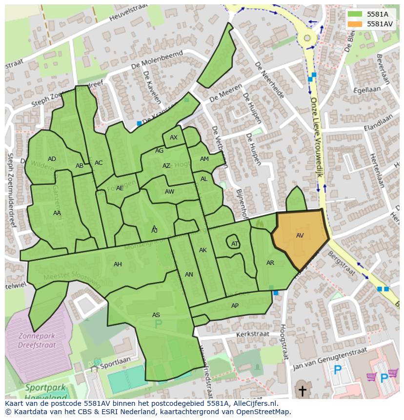 Afbeelding van het postcodegebied 5581 AV op de kaart.