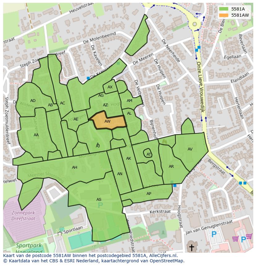 Afbeelding van het postcodegebied 5581 AW op de kaart.