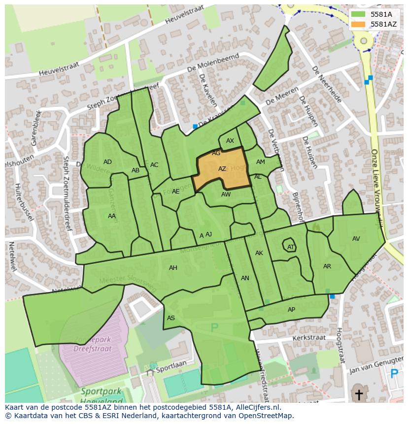 Afbeelding van het postcodegebied 5581 AZ op de kaart.