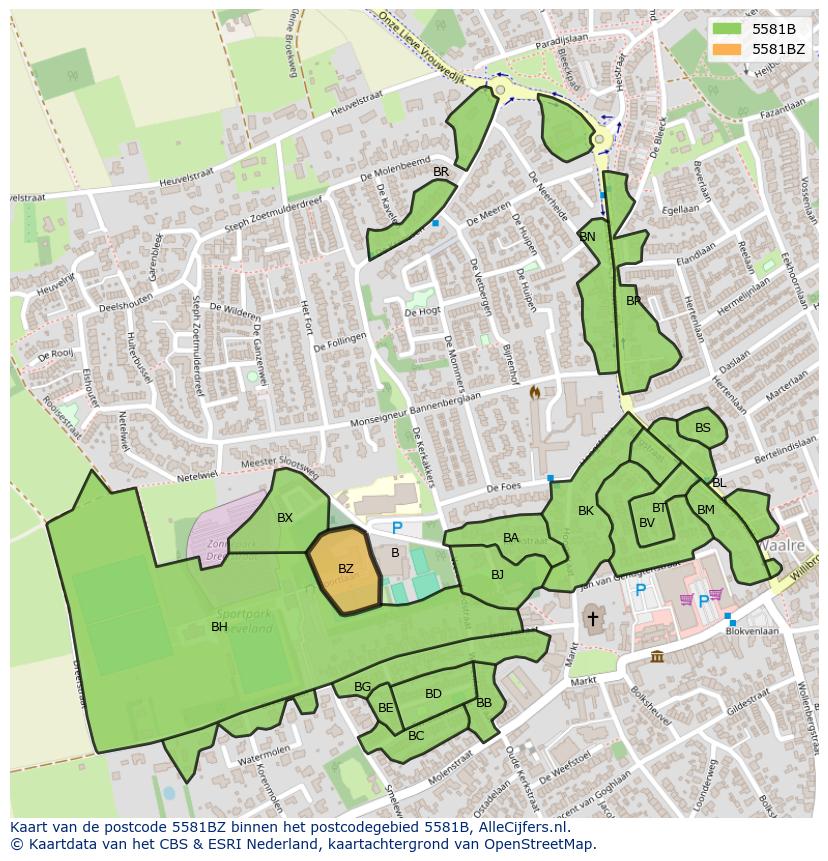 Afbeelding van het postcodegebied 5581 BZ op de kaart.