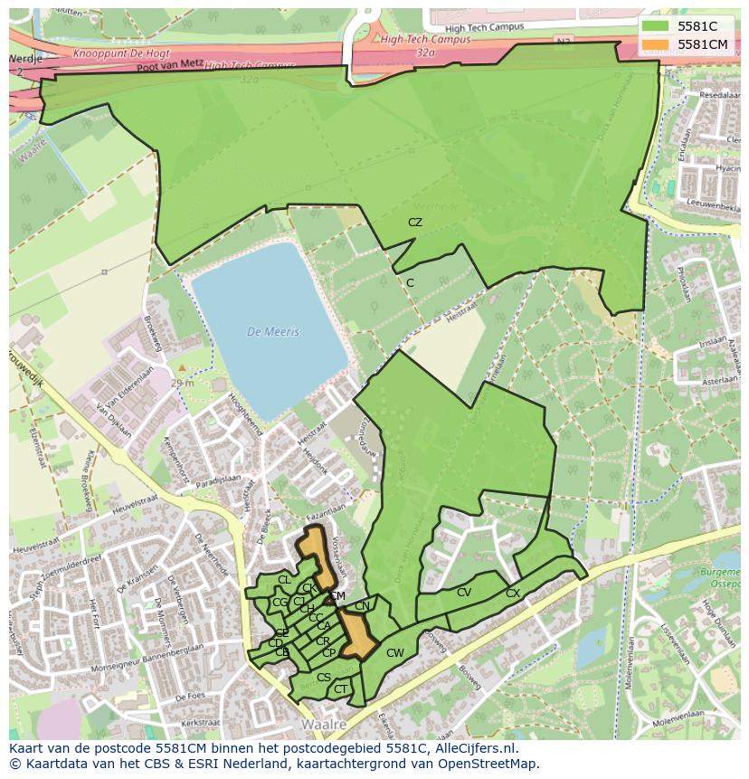Afbeelding van het postcodegebied 5581 CM op de kaart.