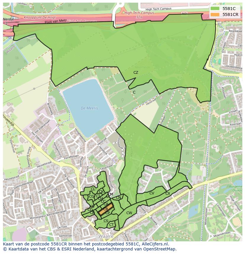 Afbeelding van het postcodegebied 5581 CR op de kaart.