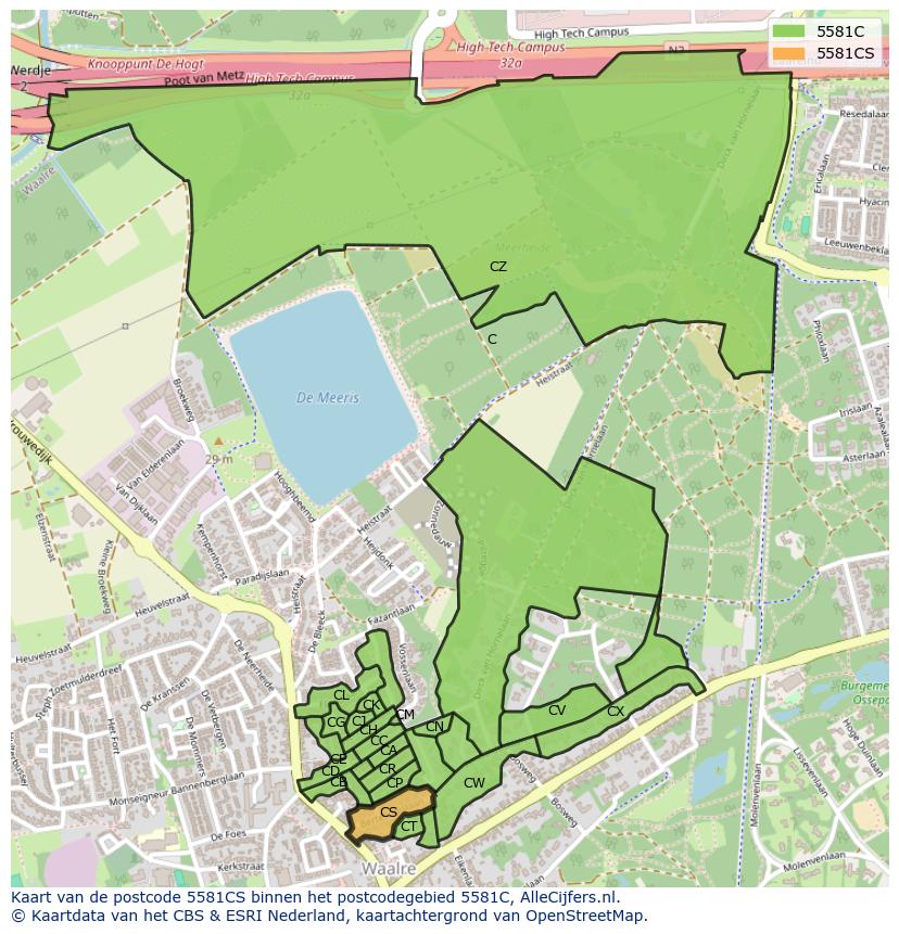 Afbeelding van het postcodegebied 5581 CS op de kaart.